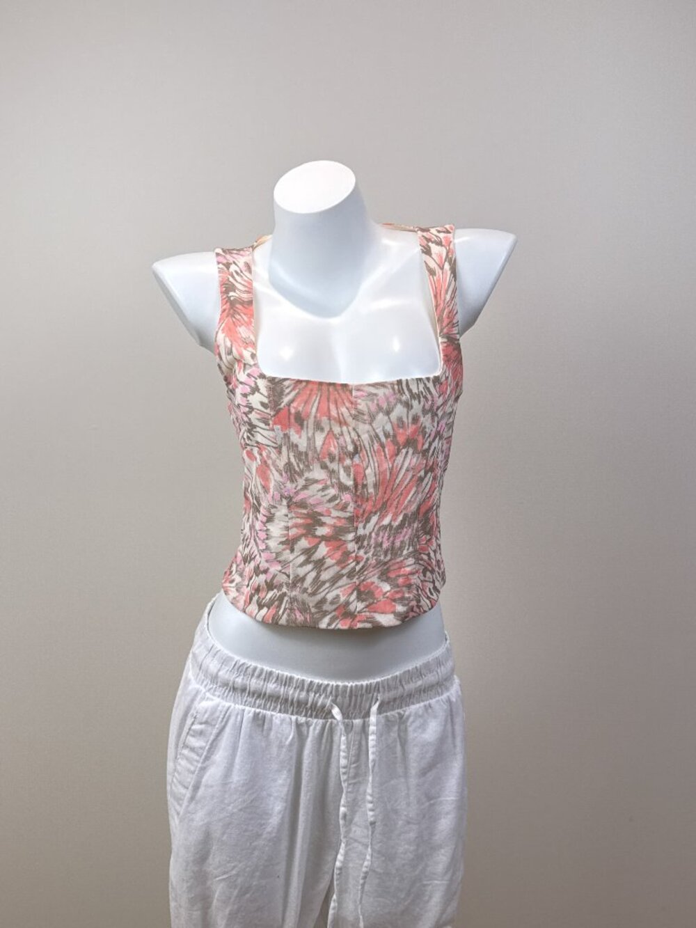 AFRM Womens Medium Pink Abstract Printed Mesh Corset Tank Top Square Neck Crop